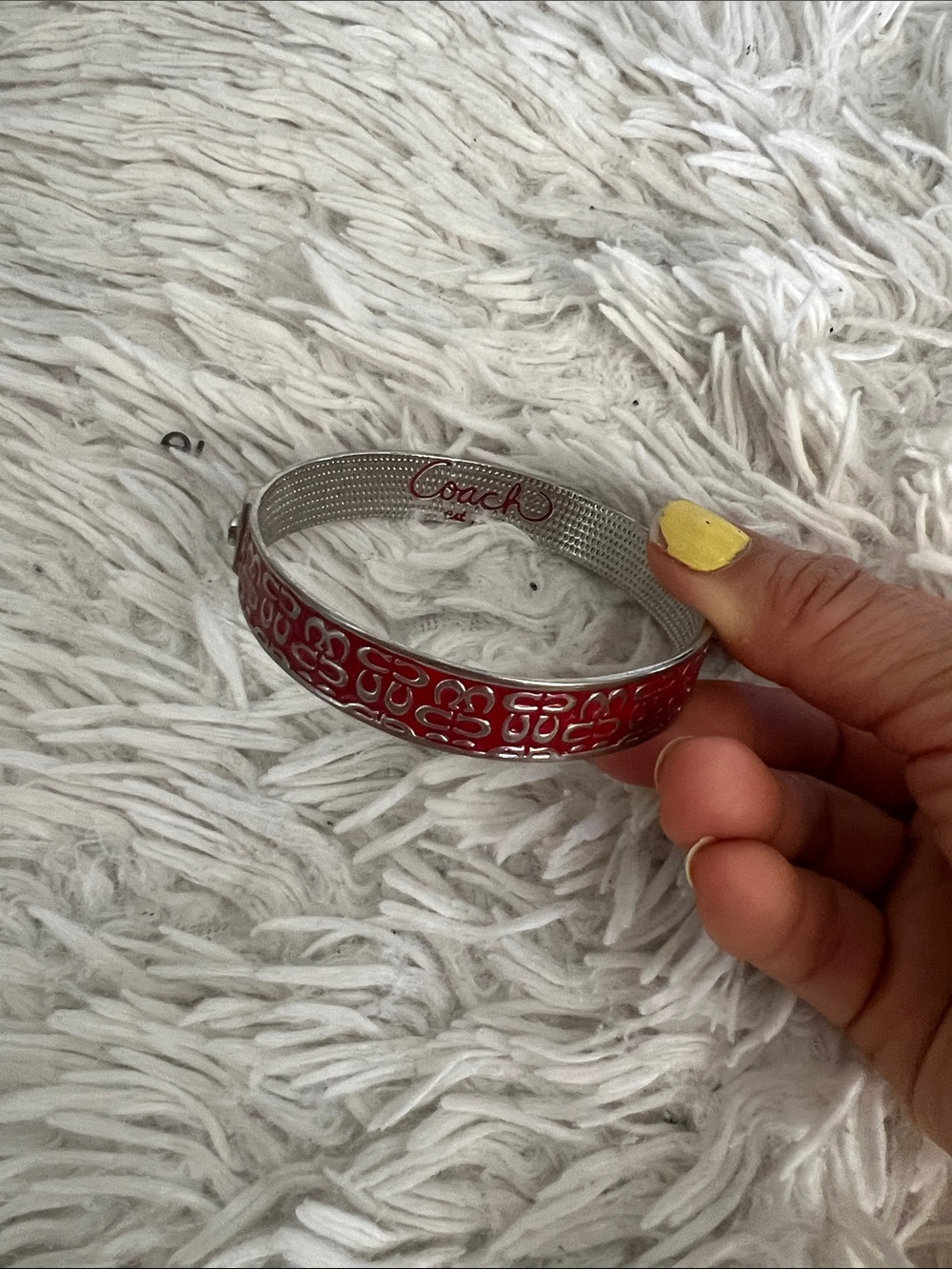 Coach Silver-Tone Bracelet with Red Enamel Signature Motif